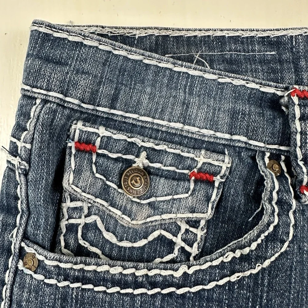 True Religion Jean Shorts Womens 32 Blue Jorts Flap Pockets Stretch Cut Offs USA